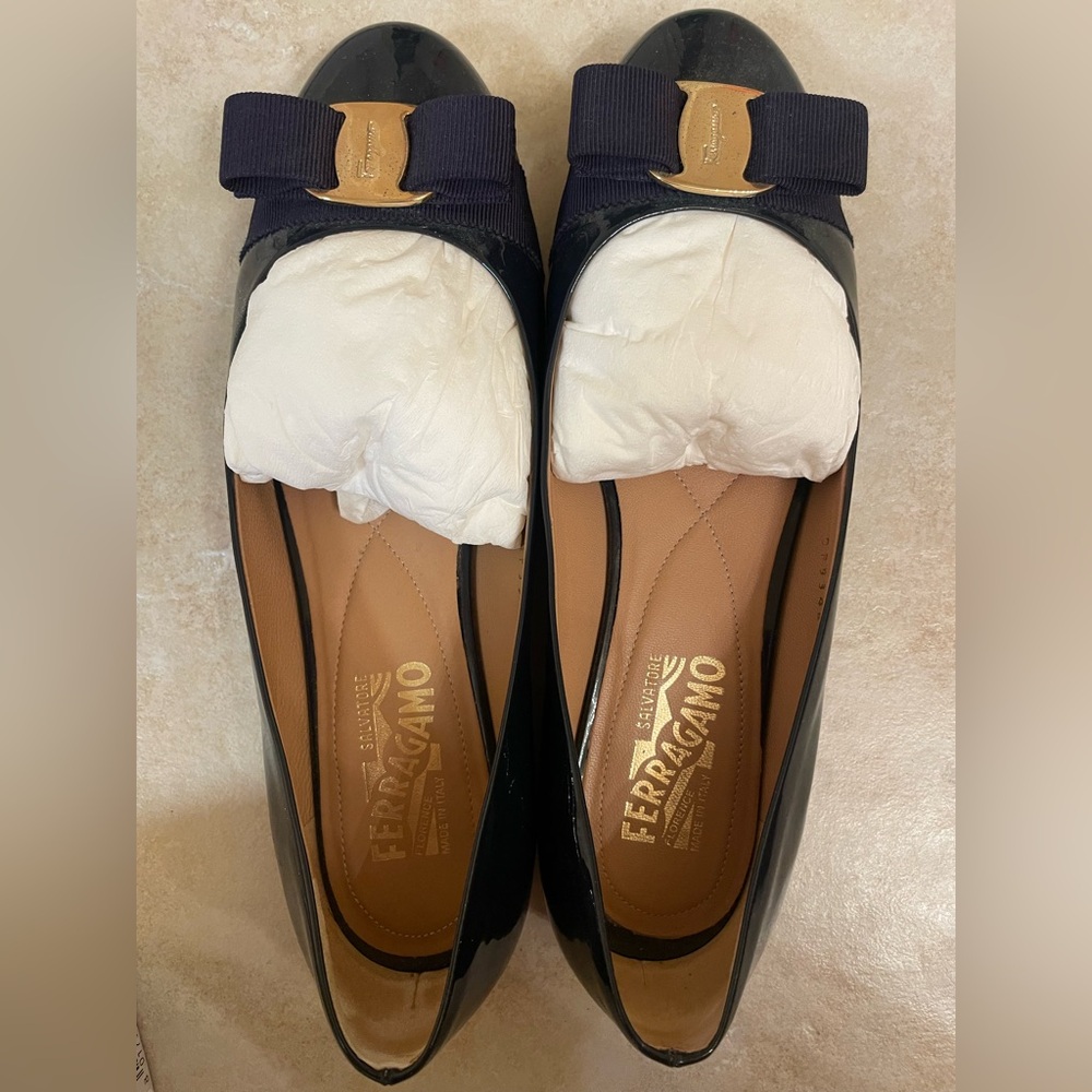 Salvatore Ferragamo Navy Flats with Gold Accent